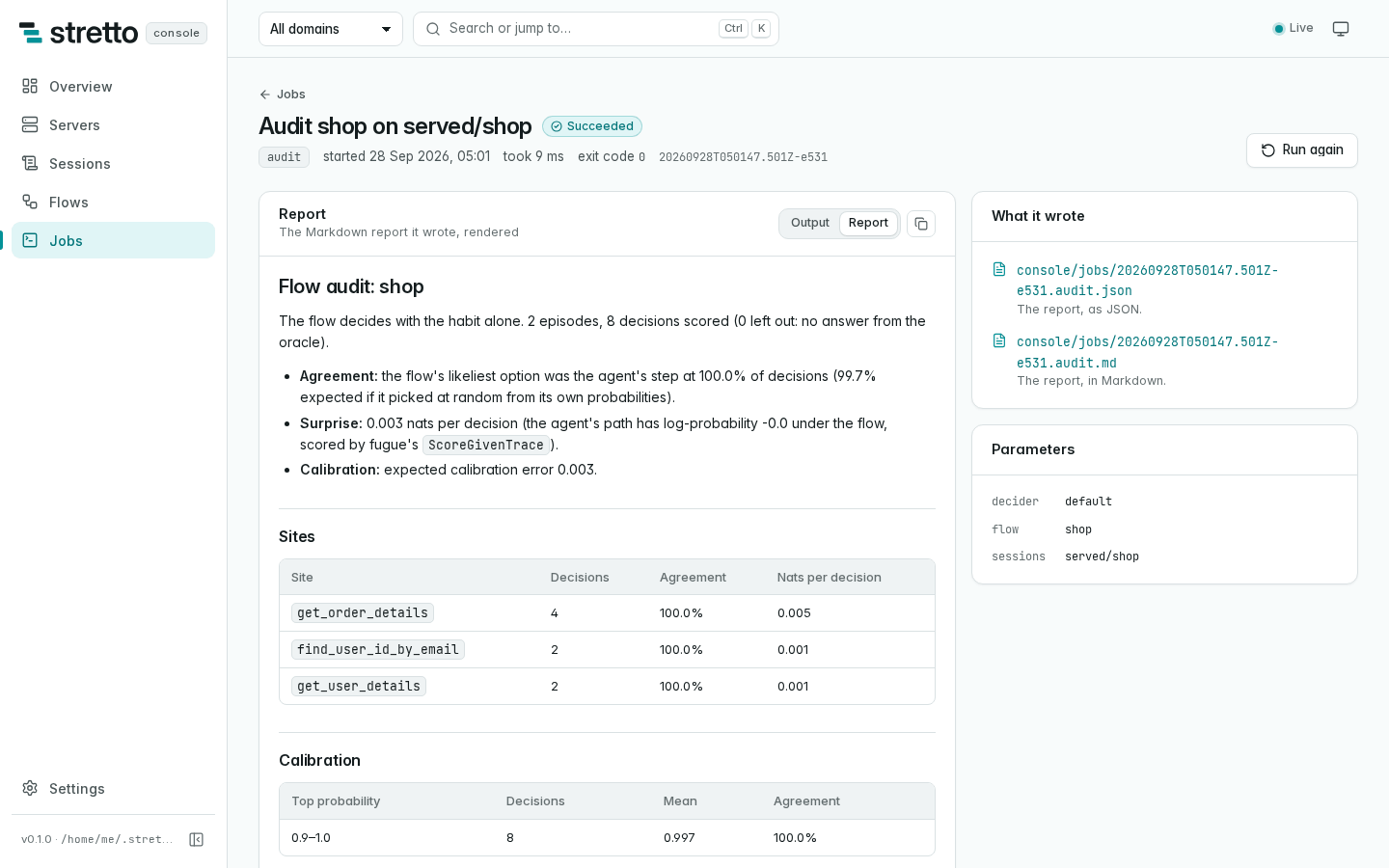 An audit job's page: the report it wrote, rendered, with the agreement and surprise of each site, the files it wrote and its parameters