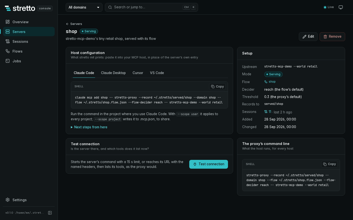 A server's page: the configuration to paste into each MCP host, its setup (upstream, mode, flow, decider and threshold), the connection test, and the proxy's command line