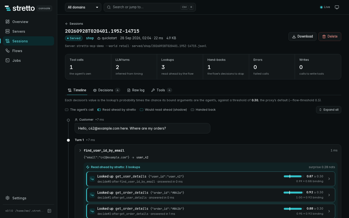 A served session in the console: the customer's request, the agent's first call, and the three lookups stretto read ahead after it, each with its probability against the threshold