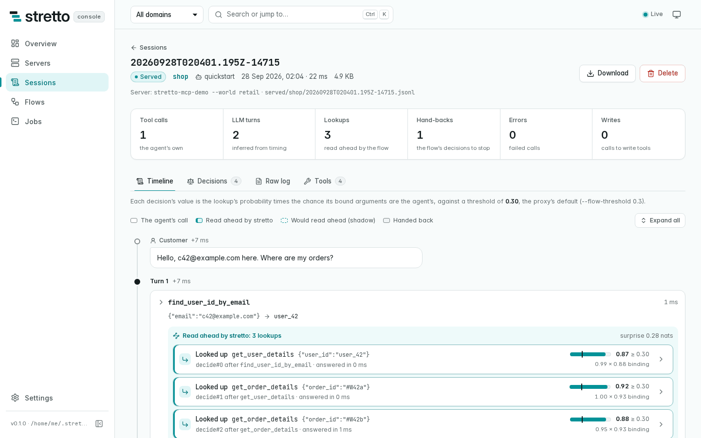 A served session in the console: the customer's request, the agent's first call, and the three lookups stretto read ahead after it, each with its probability against the threshold
